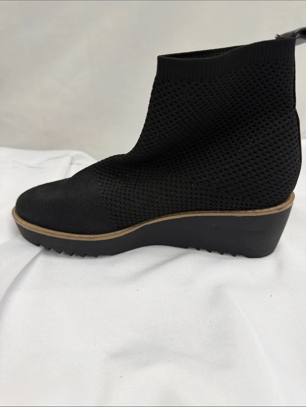 Bandolino Black Knit Wedge Chelsea Ankle Boots with Tan Trim